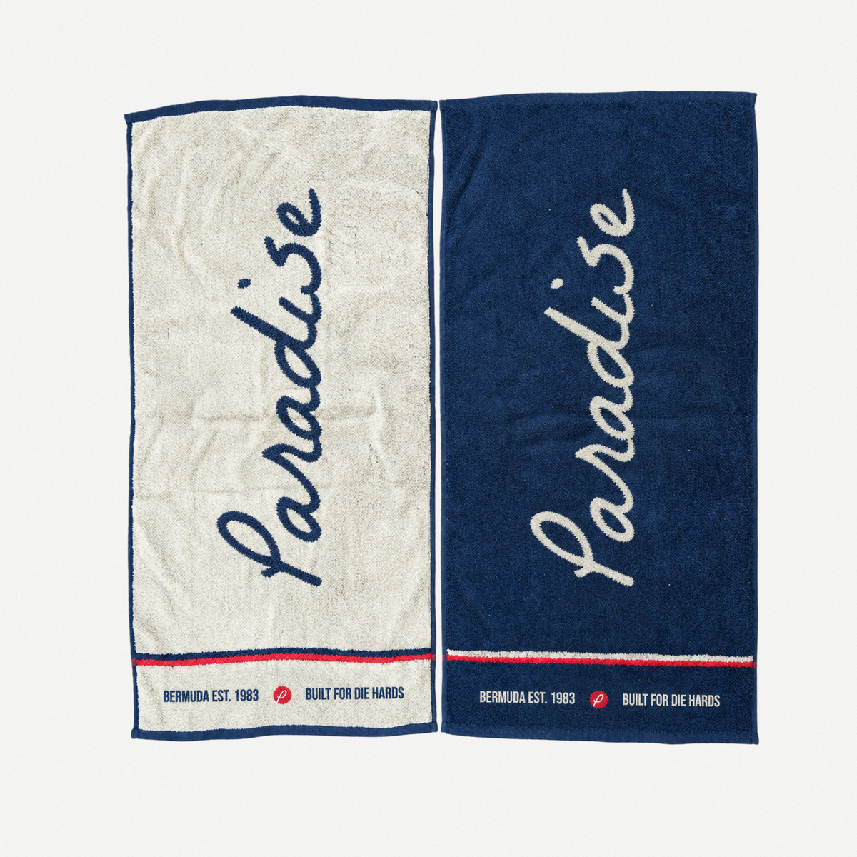 Paradise Die Hard Golf Towel artwork in navy and cream with red accents