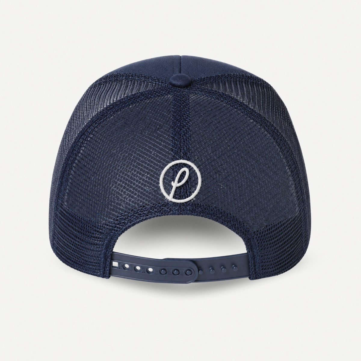Paradise Trucker Hat in Navy, mesh back and adjustable snap closure