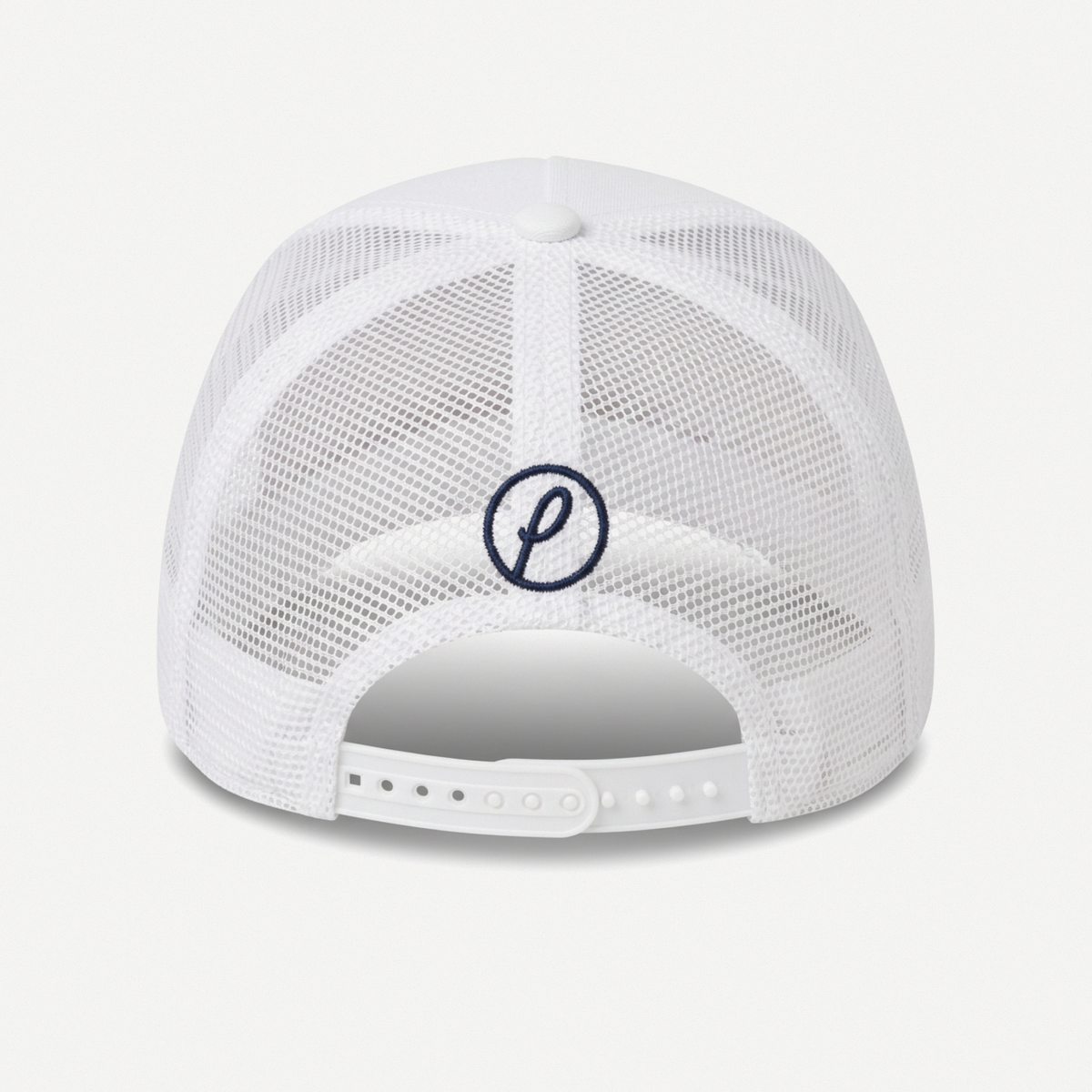 Paradise Trucker Hat in White, mesh back and adjustable snap closure