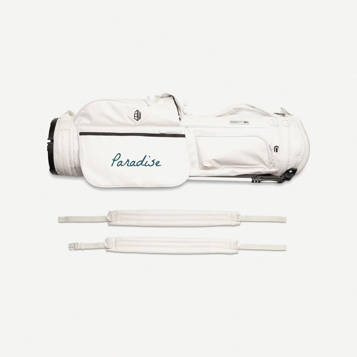 Paradise Jones Rover Stand Bag in Bone, flat view with straps