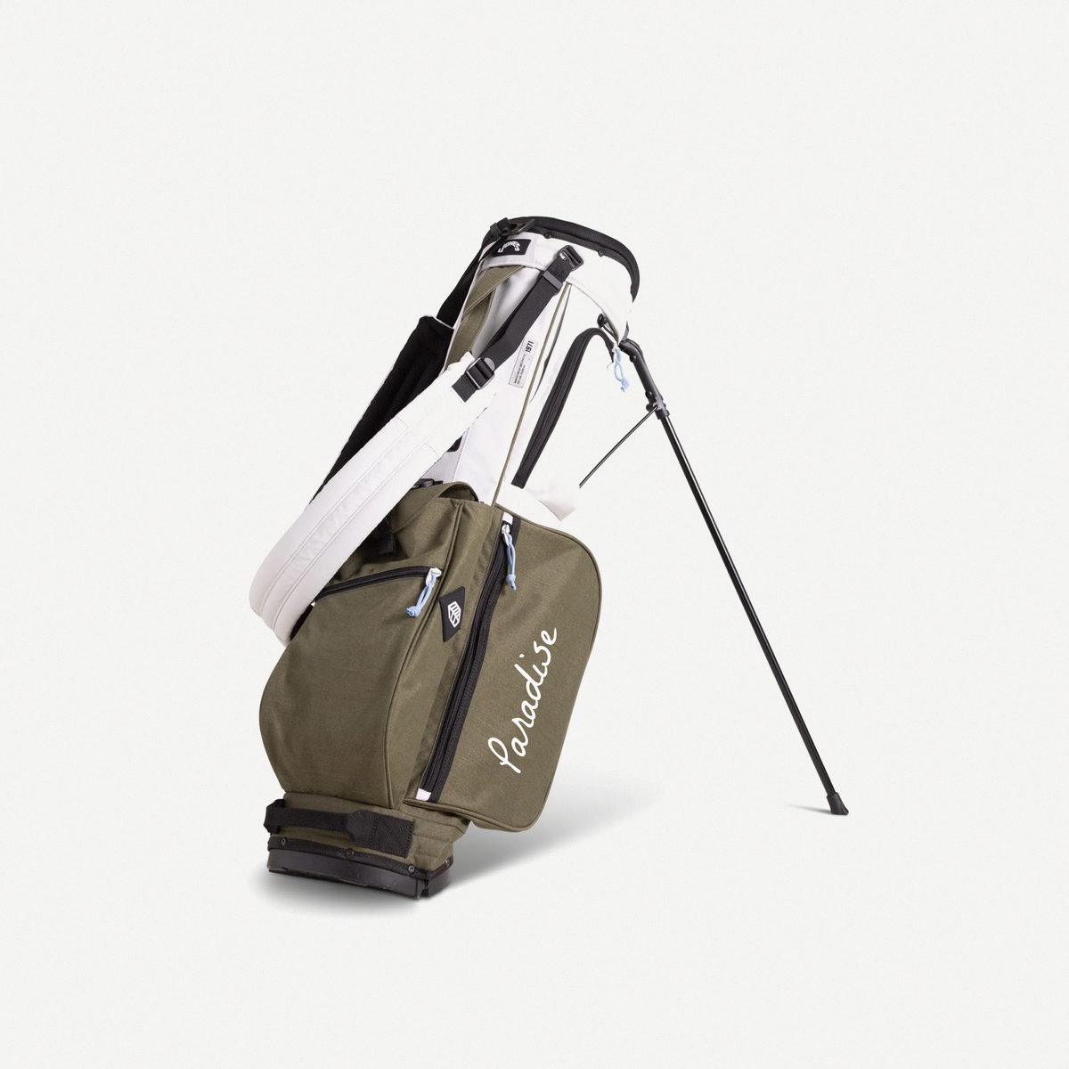 Paradise Jones Rover Stand Bag in Bone/Olive Night, side with Paradise script