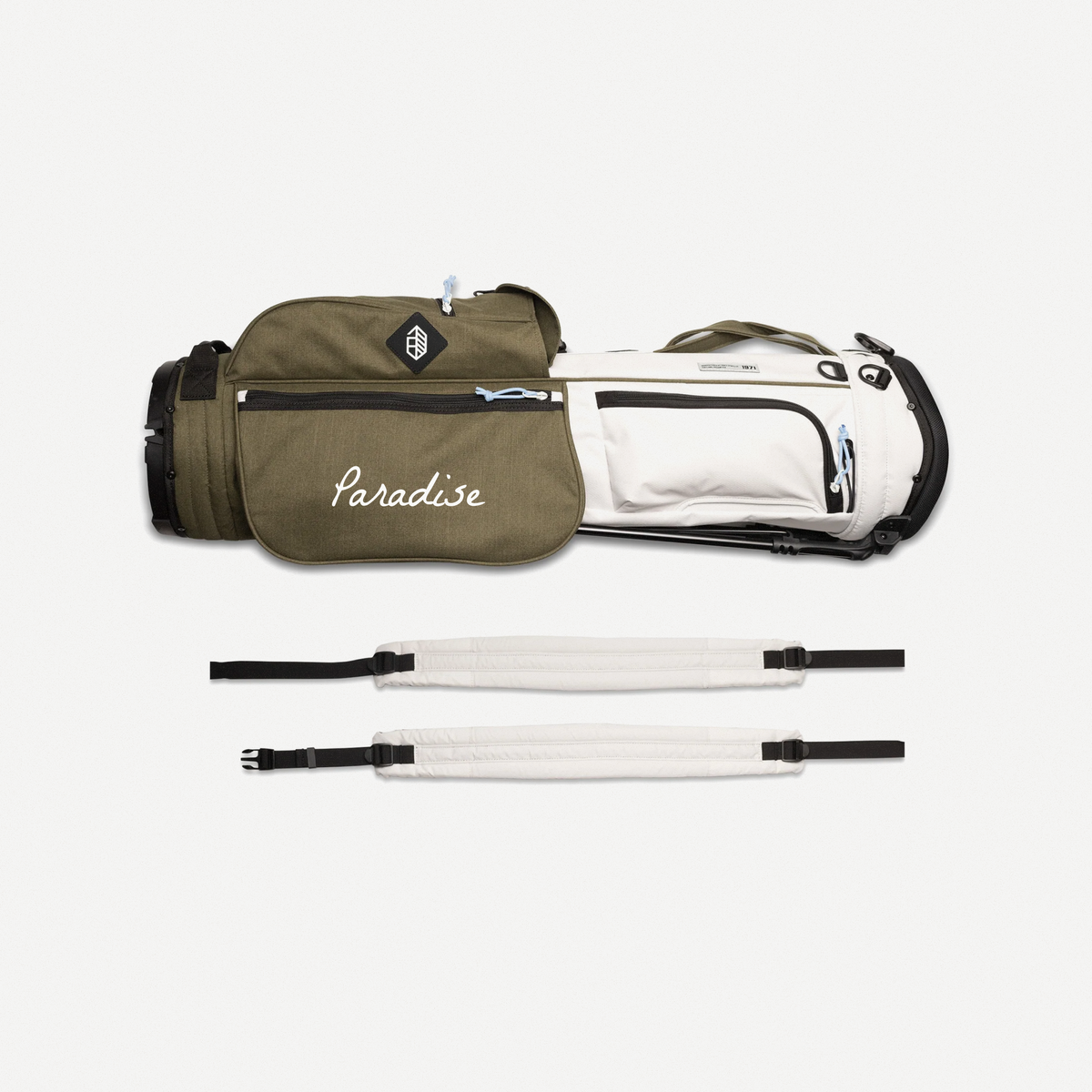 Paradise Jones Rover Stand Bag in Bone/Olive Night, flat view with straps