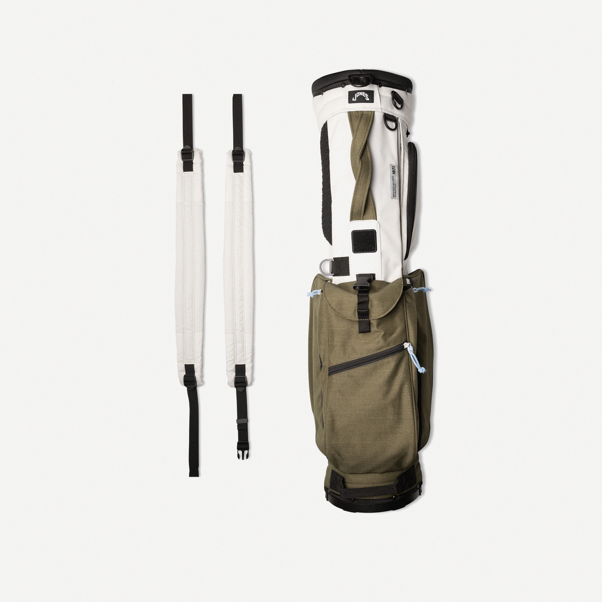 Paradise Jones Rover Stand Bag in Bone/Olive Night, rear view with straps