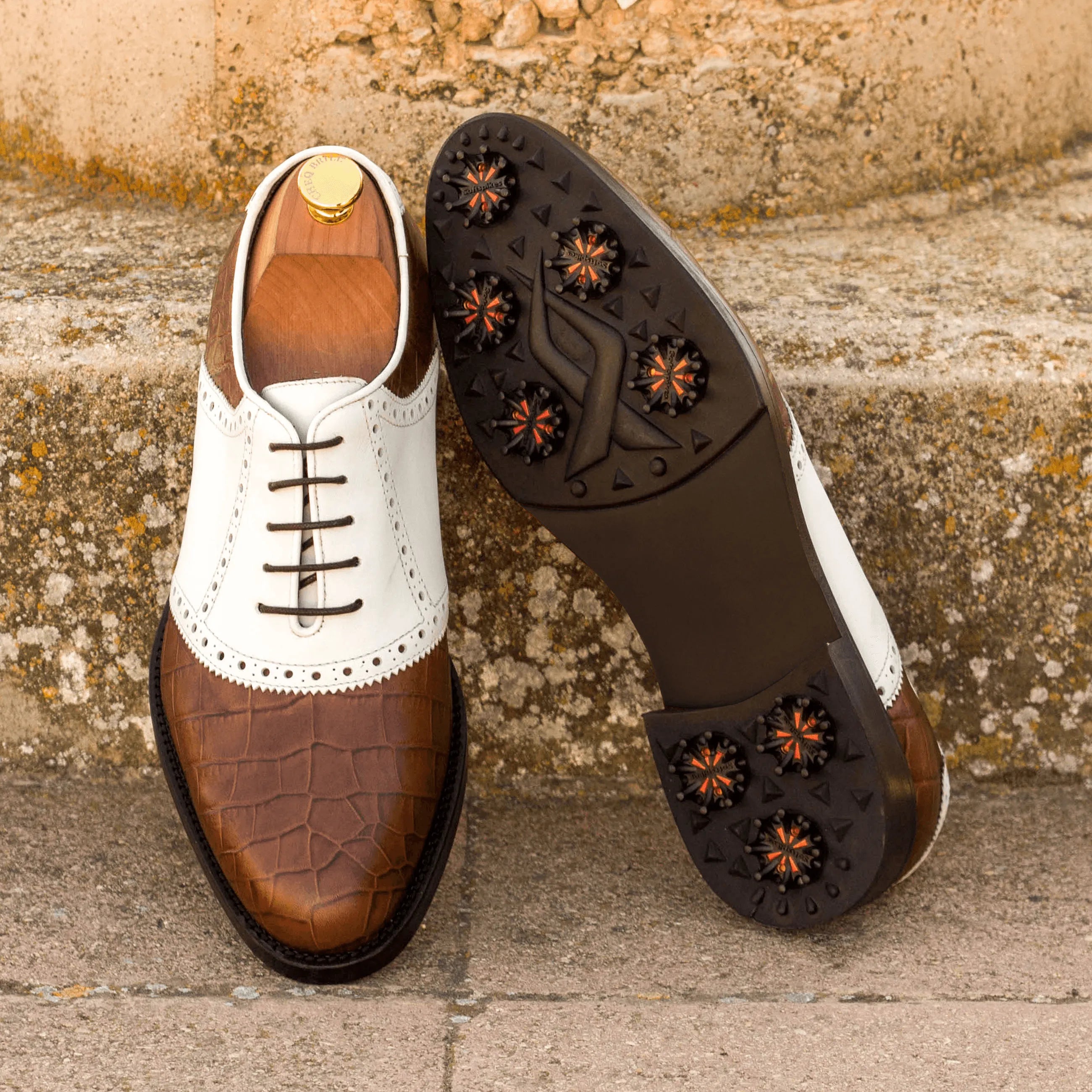 Brown Crocodile & White Leather Golf Saddle Shoes