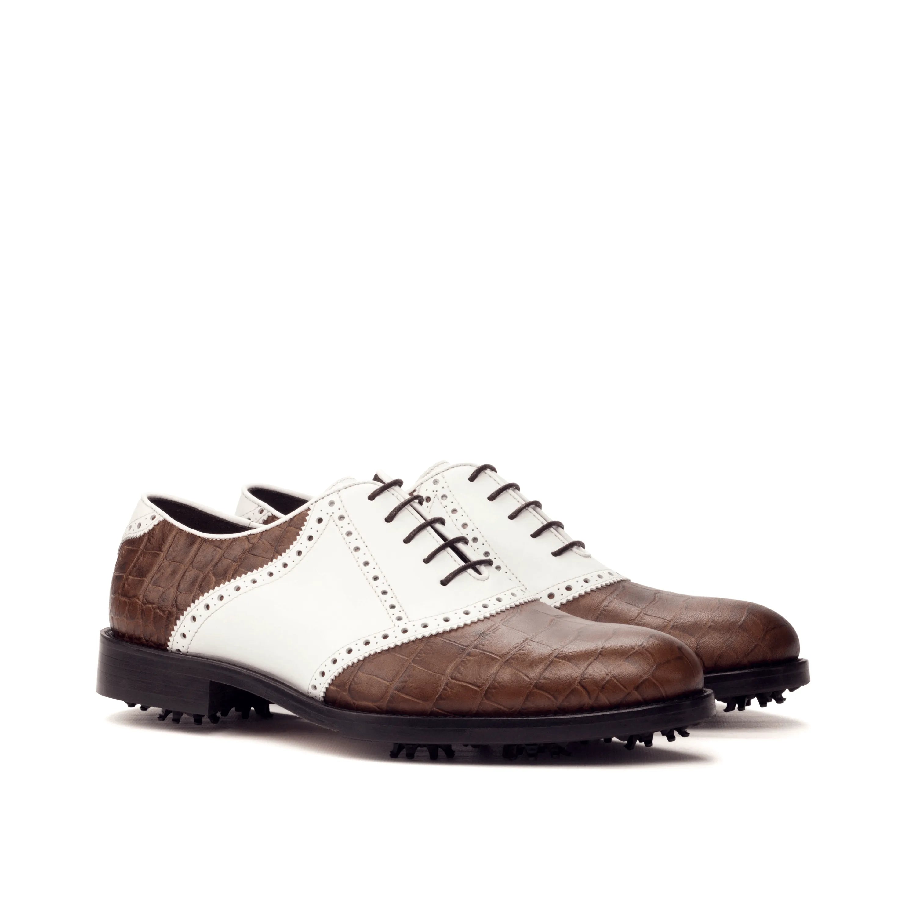 Brown Crocodile & White Leather Golf Saddle Shoes