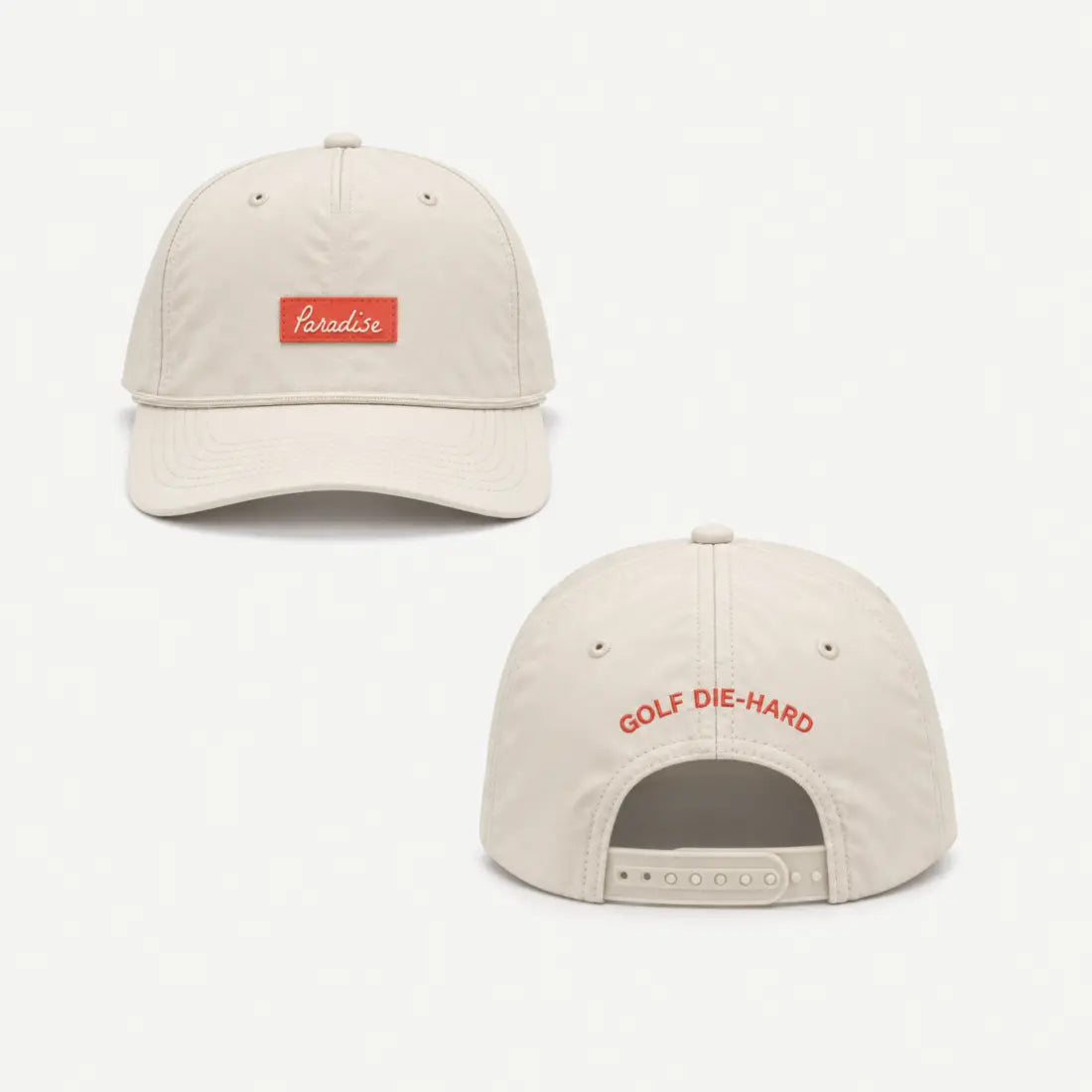 Cream Paradise Golf Die-Hard hat shown from the front and back