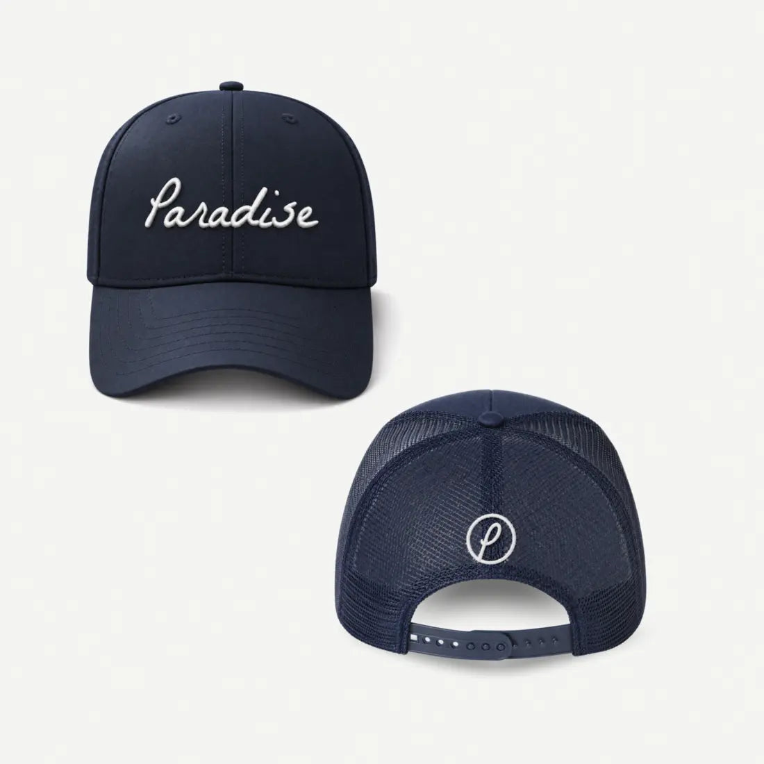 Navy Paradise trucker hat shown from the front and back